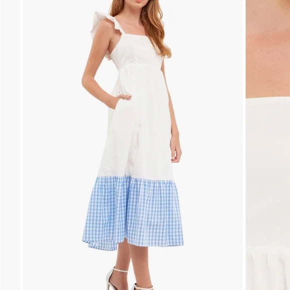 Tuckernuck English Factory Gingham Ruffle Cotton Sundress Blue White Dress Sz S - Picture 3 of 16